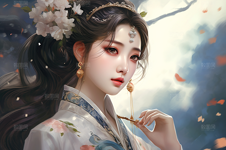 新中式美女手绘水墨插画