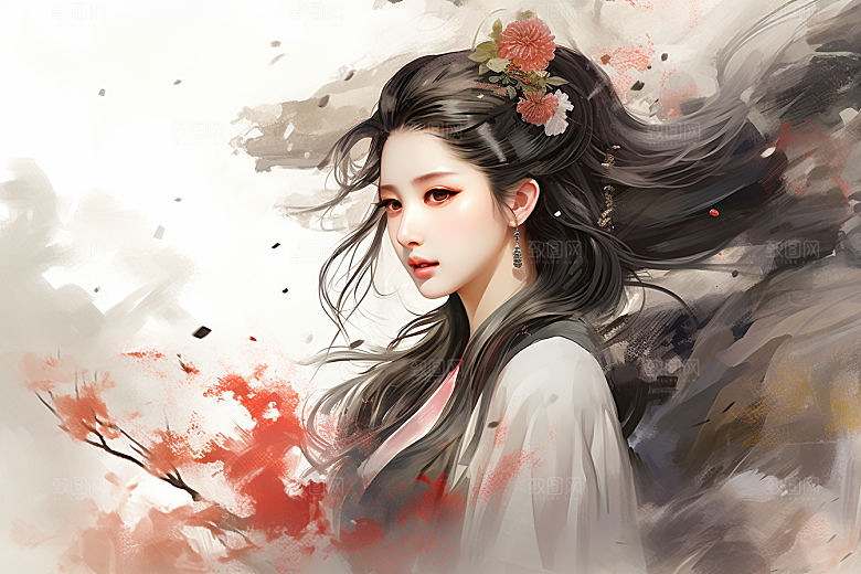 新中式美女唯美文艺插画