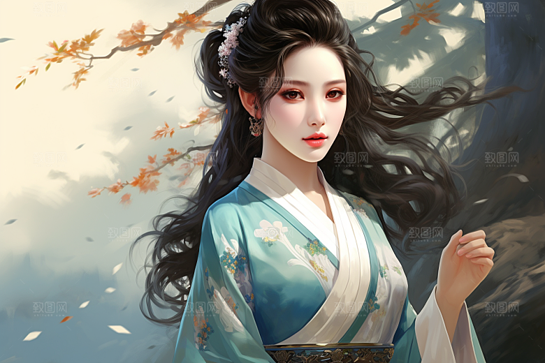 新中式美女艺术手绘插画