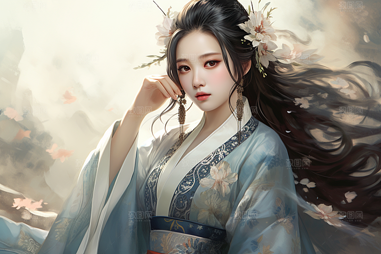 新中式美女手绘唯美插画