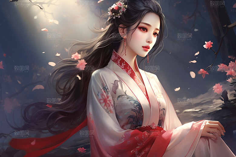 新中式美女中国风水墨插画
