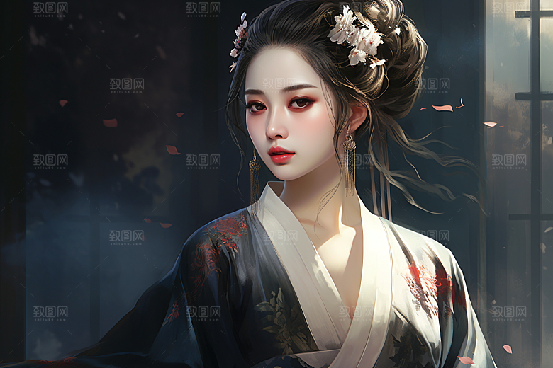 新中式美女唯美手绘插画