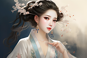新中式美女水墨手绘插画