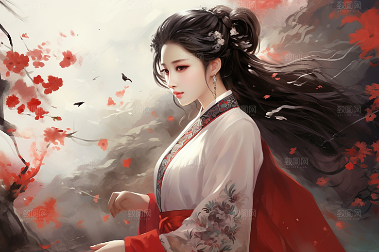 新中式美女文艺艺术插画