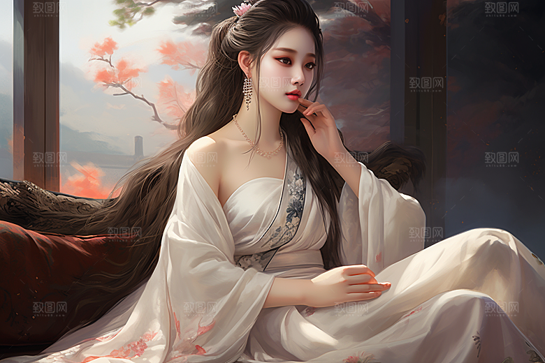 新中式美女艺术水墨插画