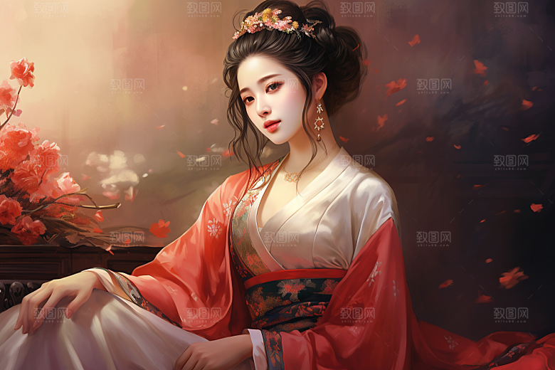 新中式美女水墨高清插画