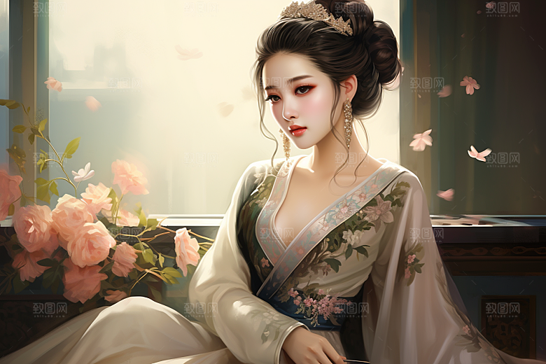 新中式美女文艺水墨插画