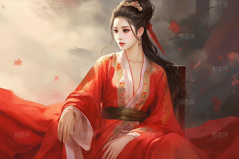 新中式美女唯美文艺插画