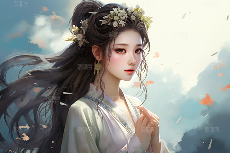 新中式美女水墨高清插画