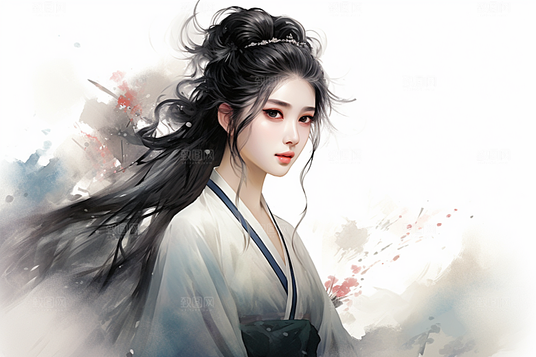 新中式美女水墨手绘插画