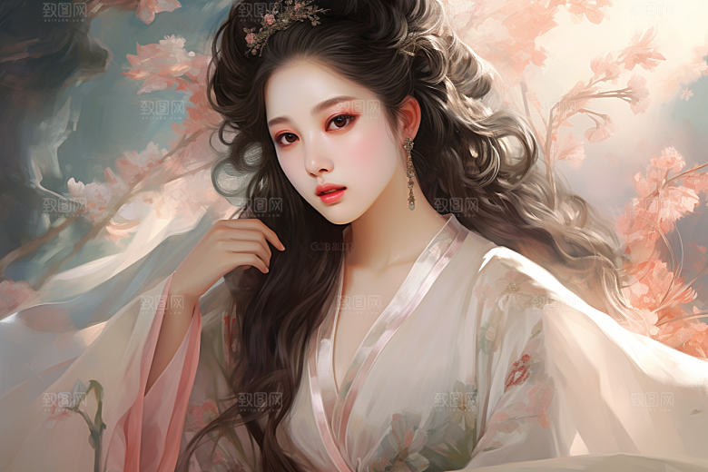 新中式美女文艺手绘插画