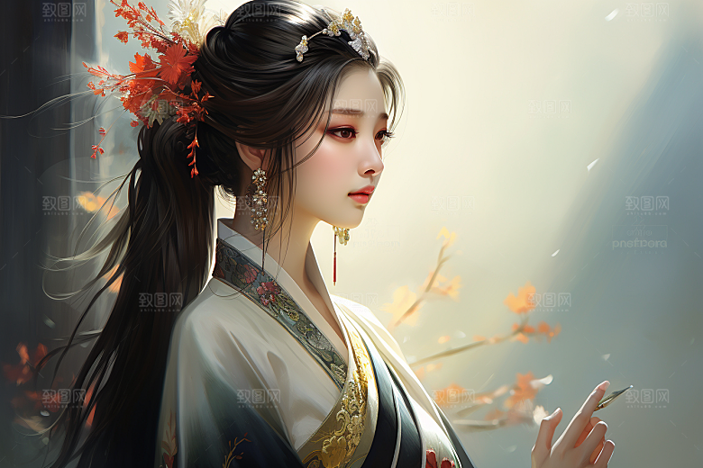 新中式美女水墨手绘插画