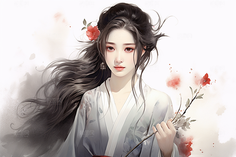 新中式美女水墨中国风插画