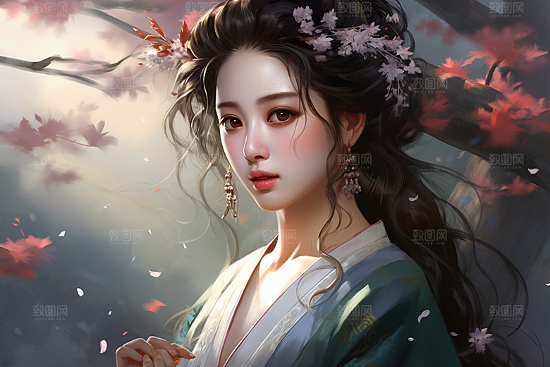 新中式美女手绘艺术插画