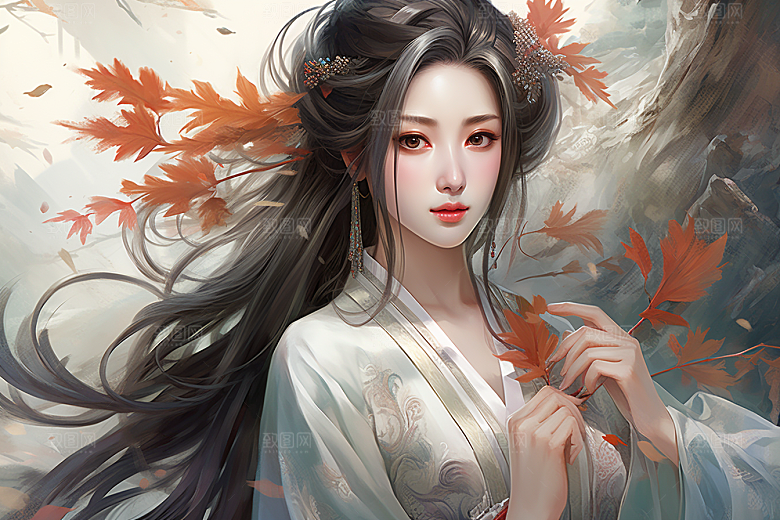 新中式美女唯美手绘插画