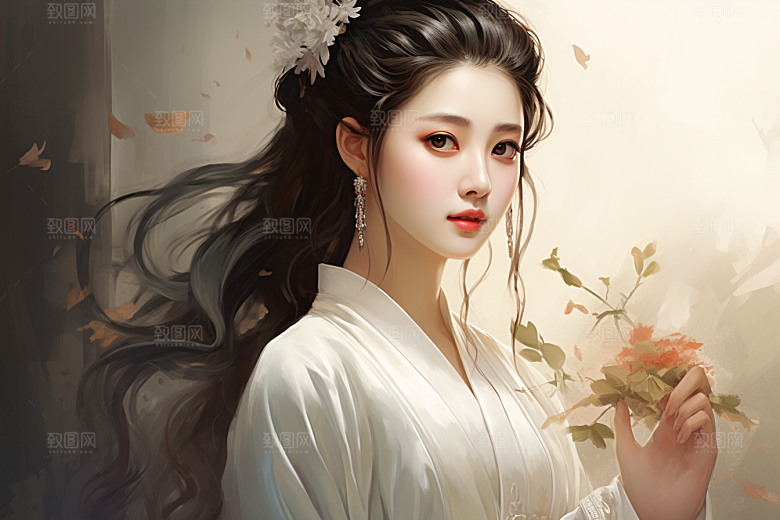 新中式美女水墨手绘插画