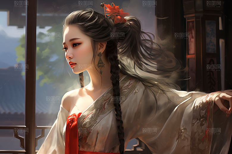新中式美女手绘唯美插画