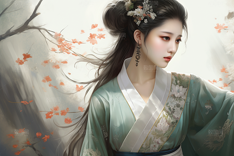 新中式美女手绘艺术插画
