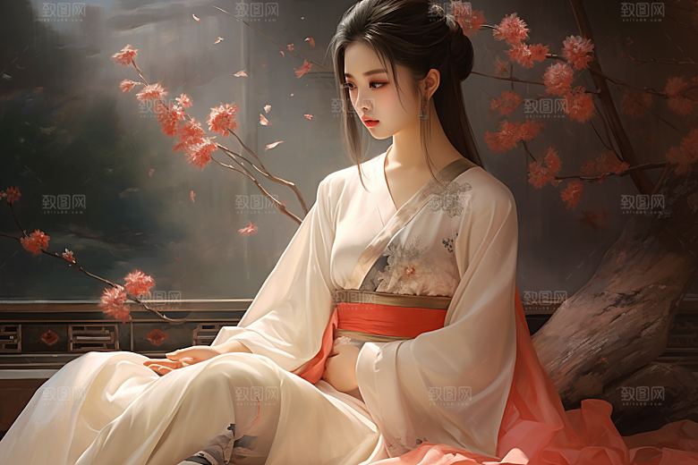 新中式美女高清手绘插画