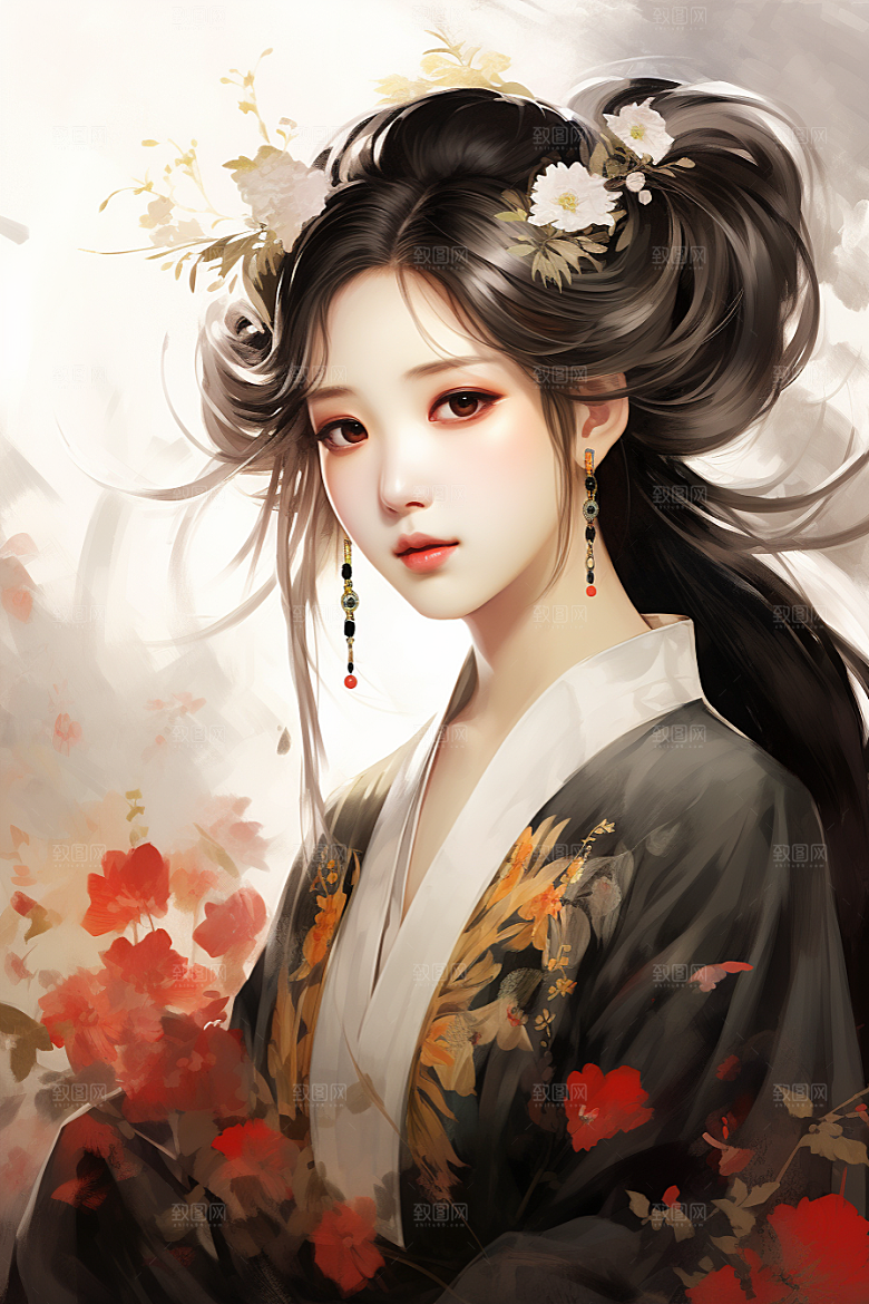 新中式美女温婉手绘插画