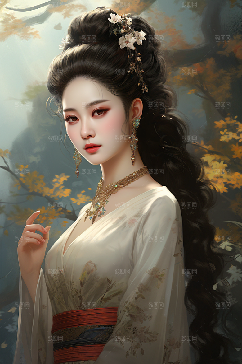 新中式美女中国风水墨插画