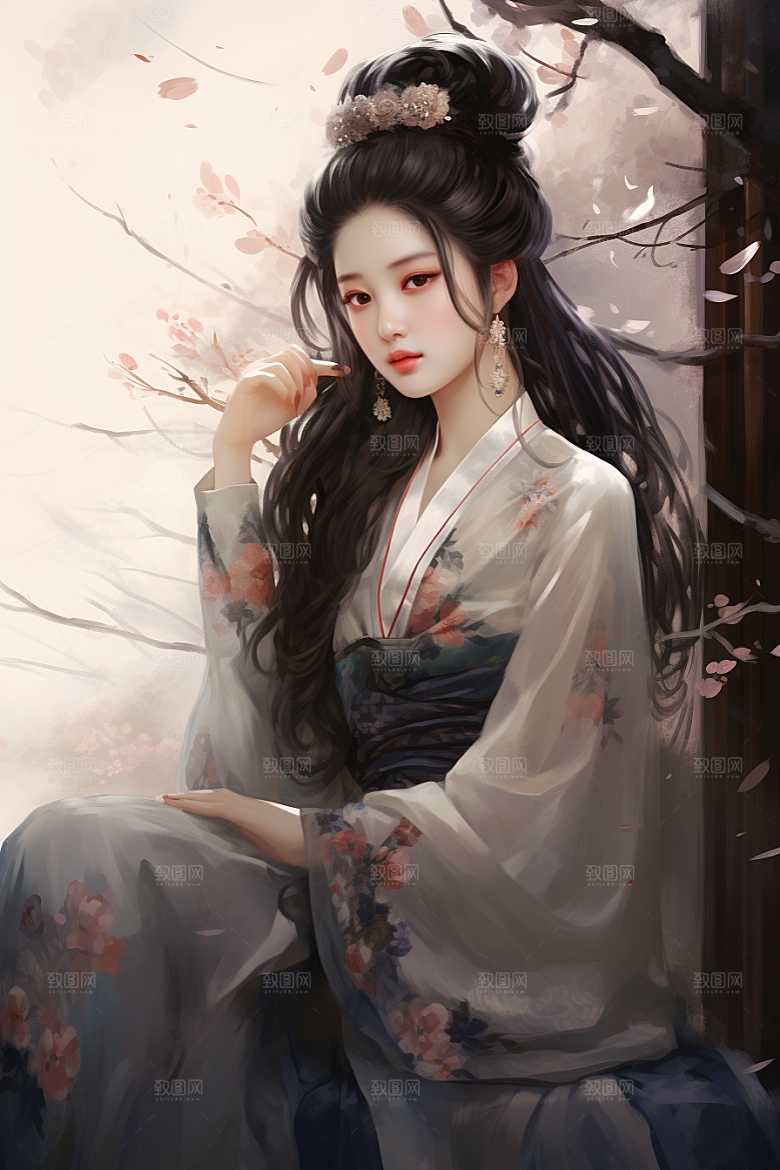 新中式美女水墨高清插画