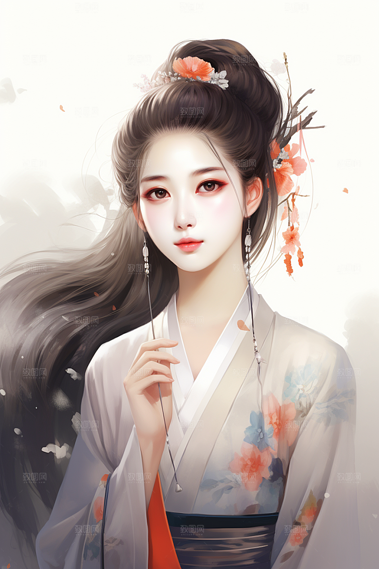 新中式美女艺术手绘插画