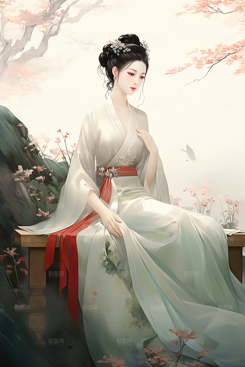 新中式美女温婉高清插画