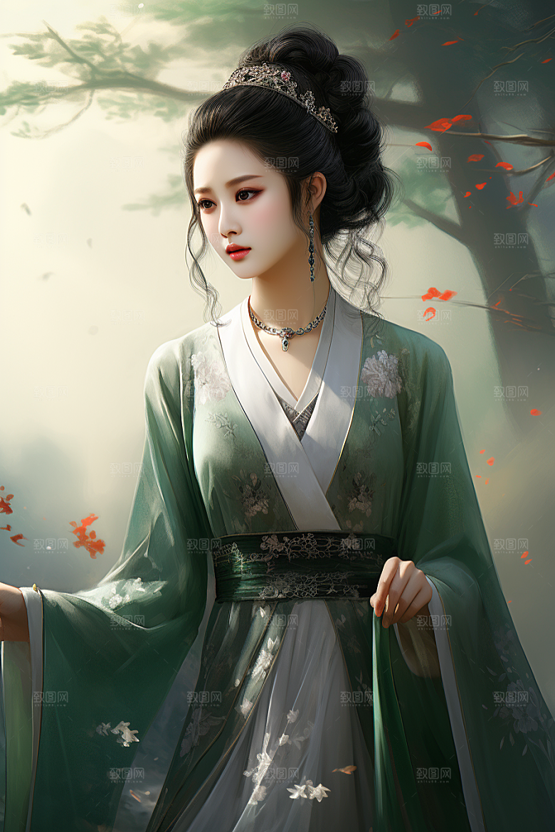 新中式美女手绘高清插画