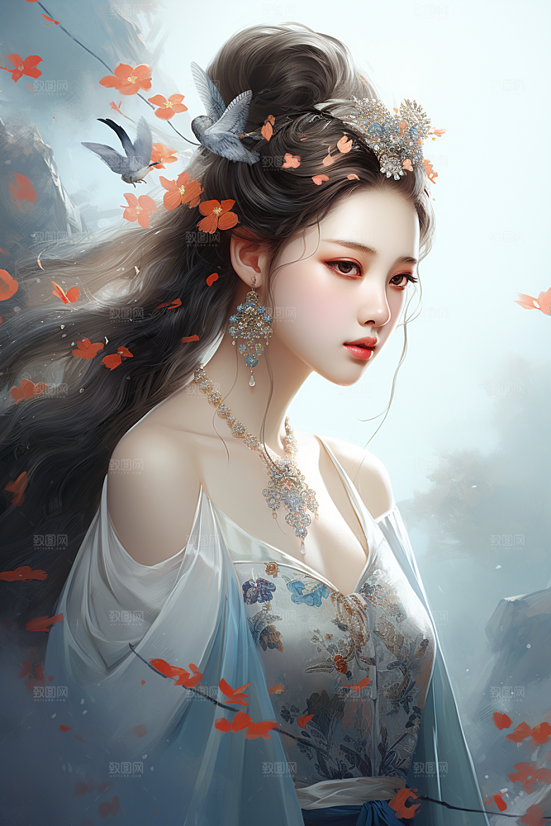 新中式美女唯美水墨插画