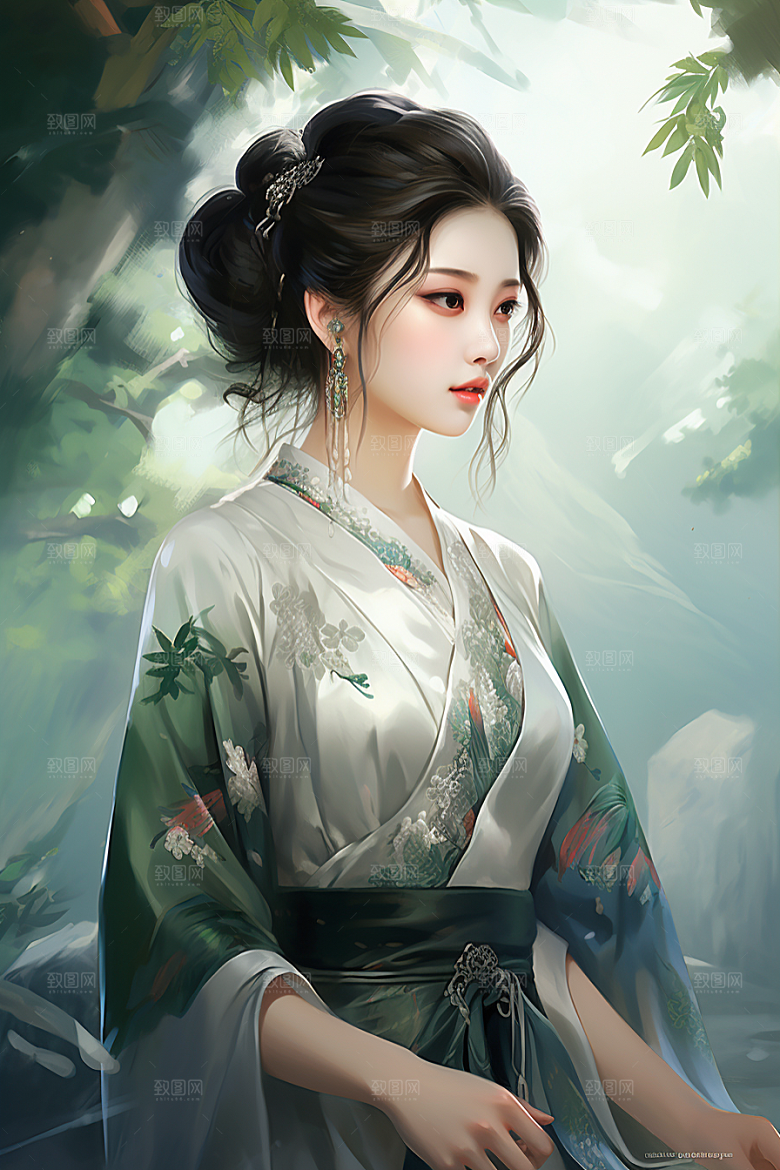 新中式美女水墨高清插画