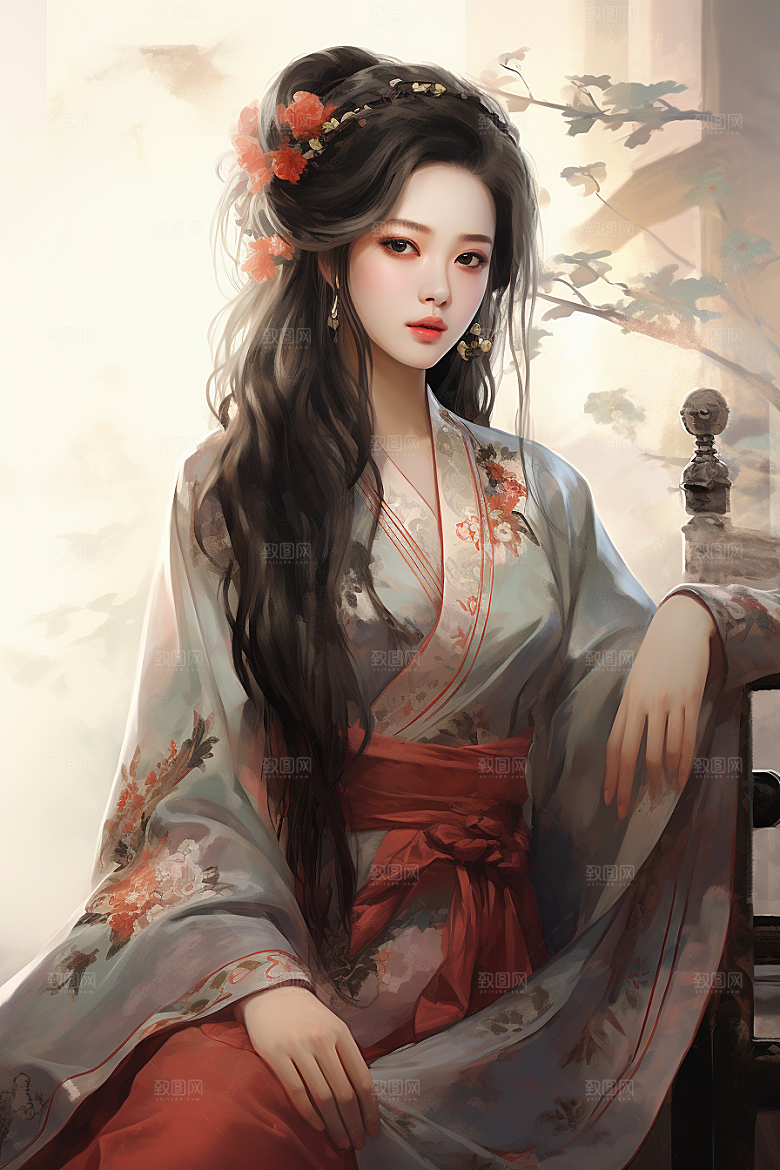 新中式美女中国风文艺插画