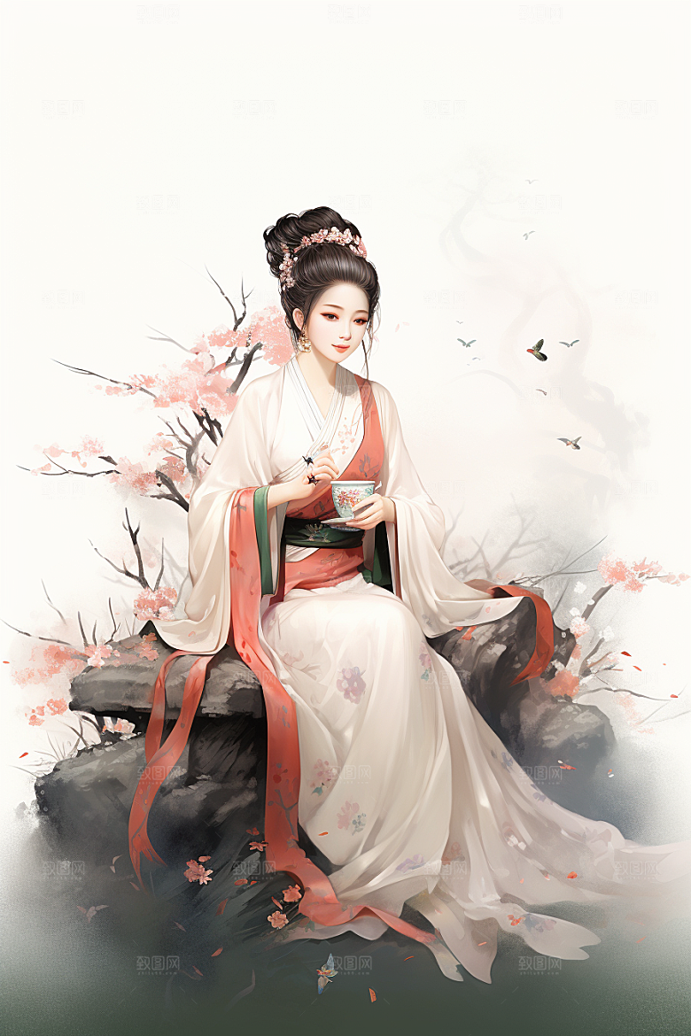 新中式美女温婉水墨插画