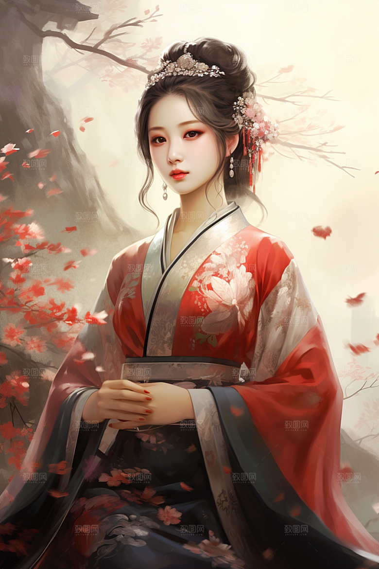 新中式美女手绘水墨插画