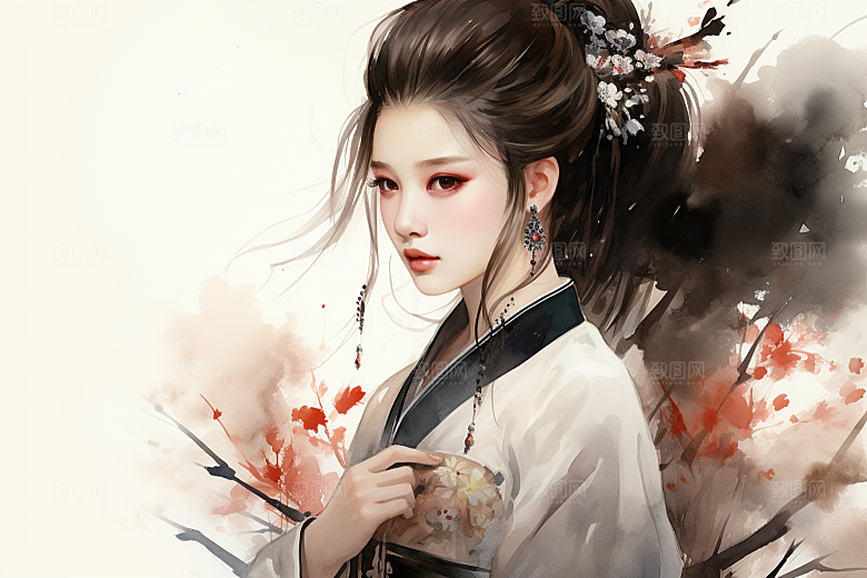 新中式美女高清手绘插画