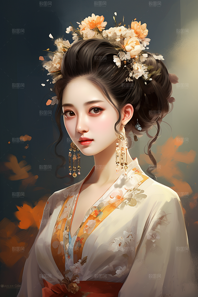 新中式美女艺术水墨插画