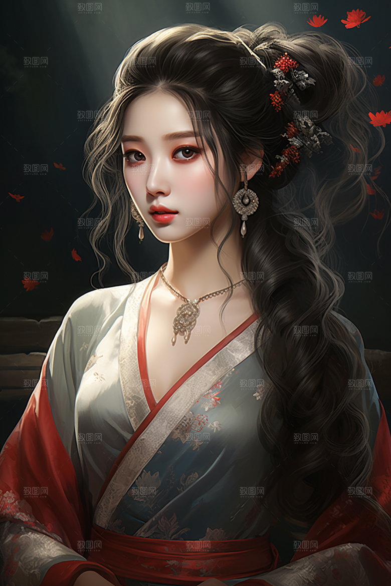 新中式美女文艺手绘插画