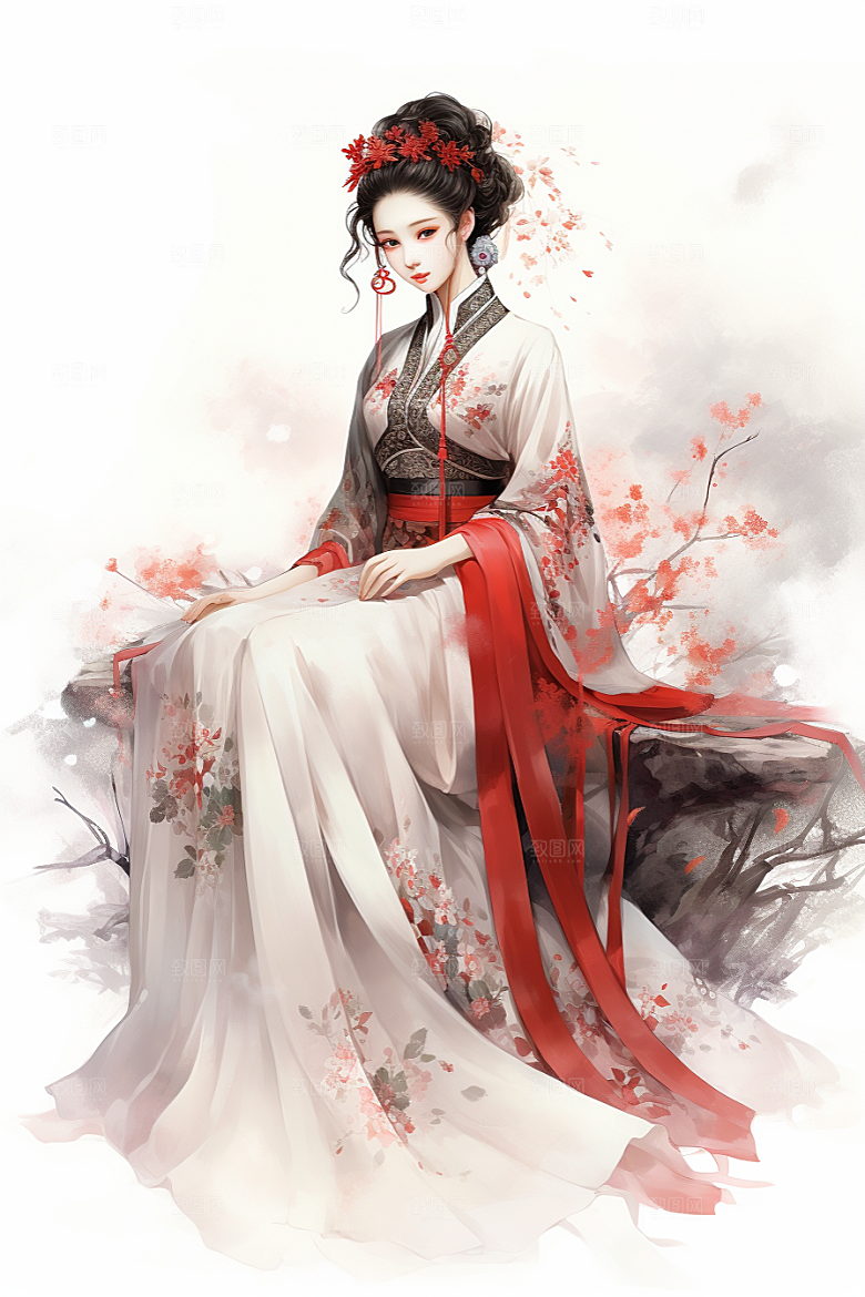 新中式美女水墨温婉插画