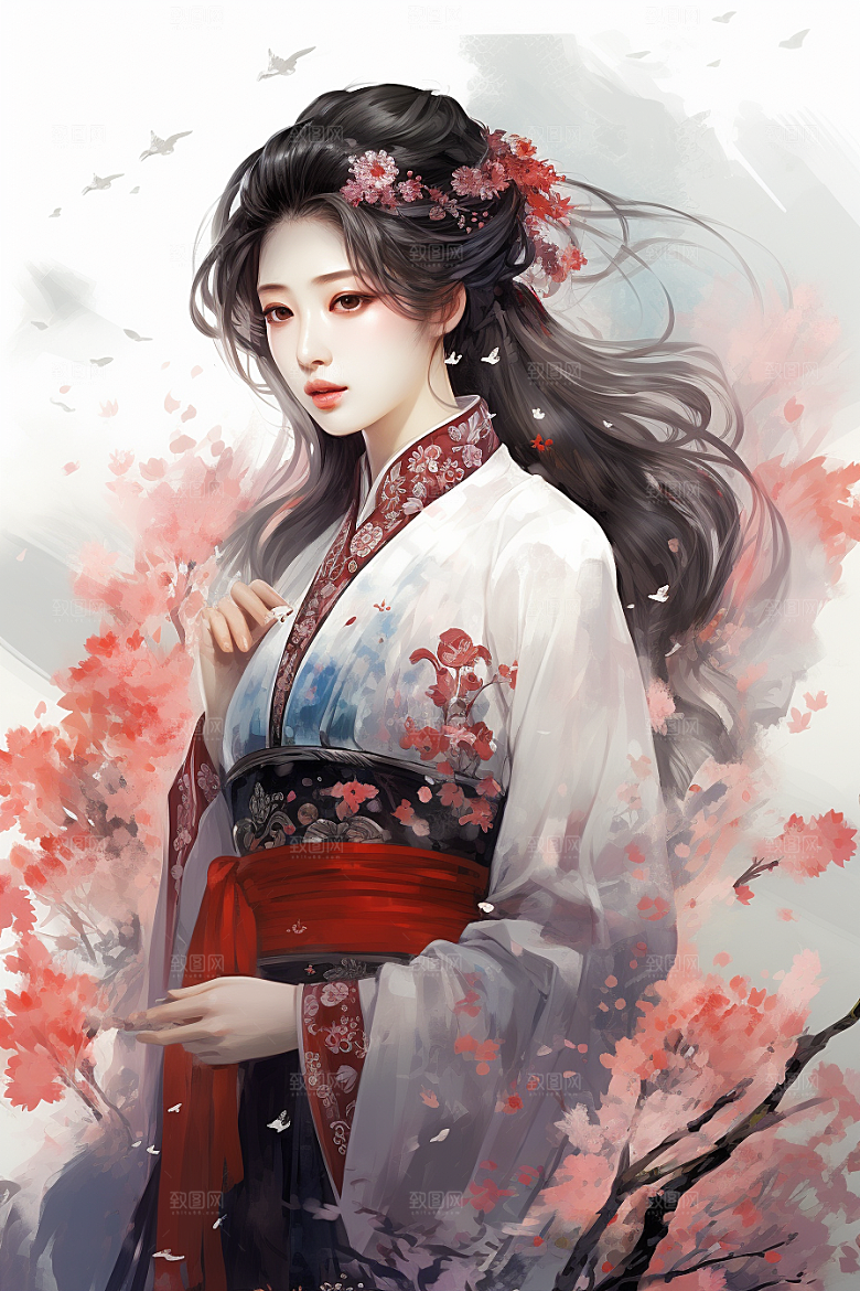 新中式美女文艺高清插画