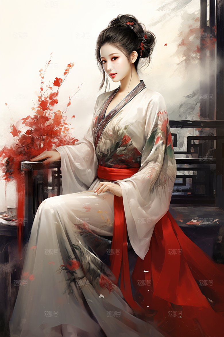新中式美女水墨中国风插画