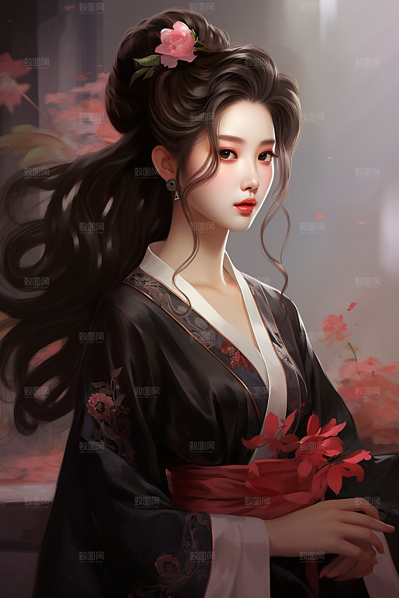 新中式美女水墨唯美插画