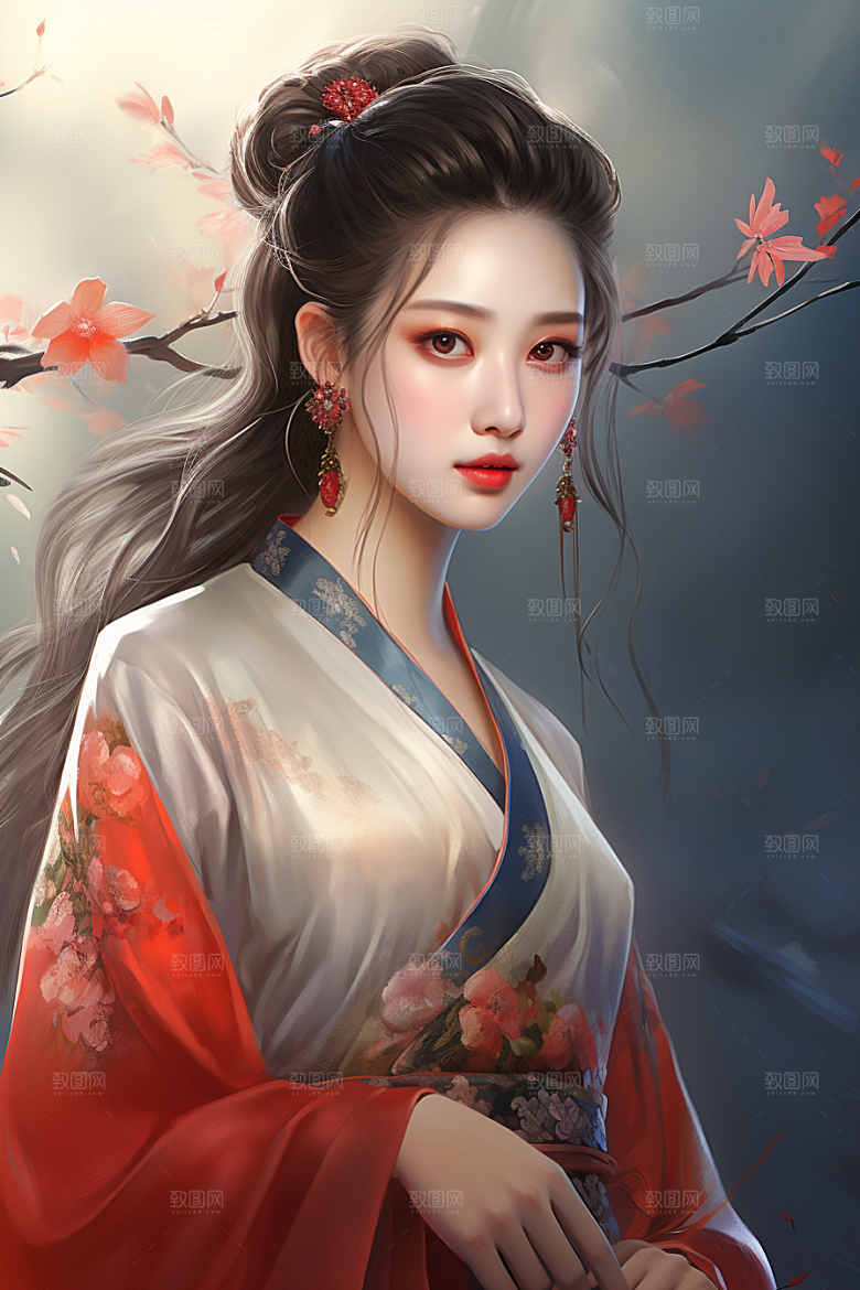 新中式美女手绘高清插画