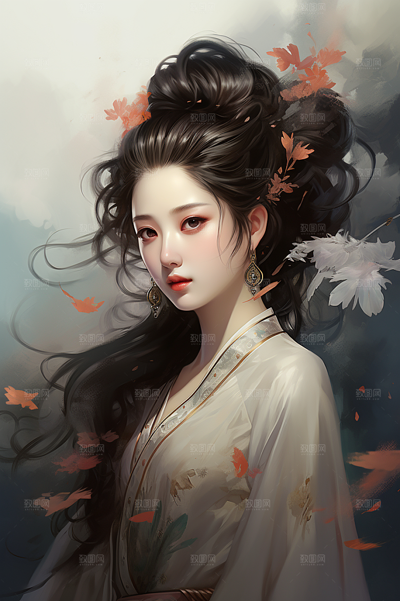 新中式美女手绘水墨插画