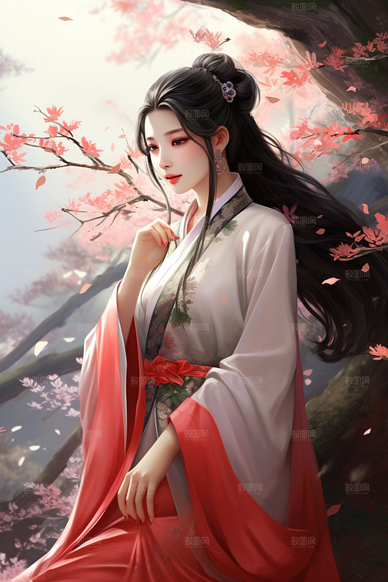 新中式美女唯美水墨插画