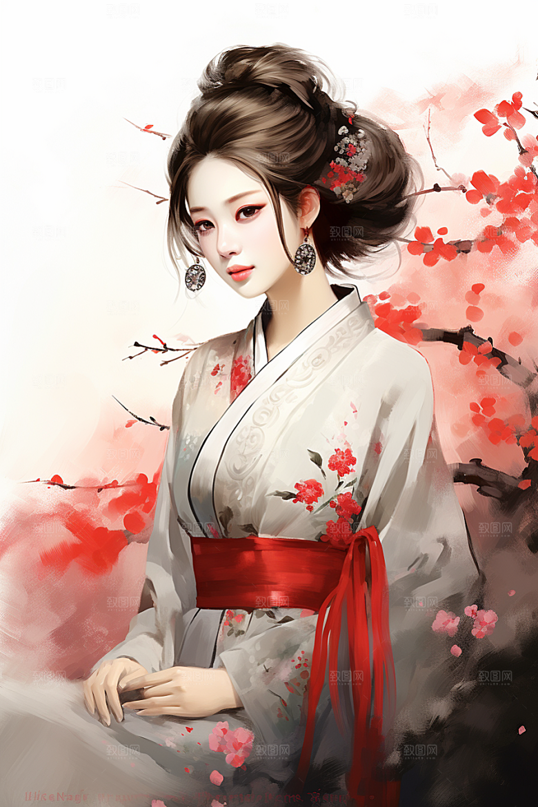新中式美女手绘水墨插画