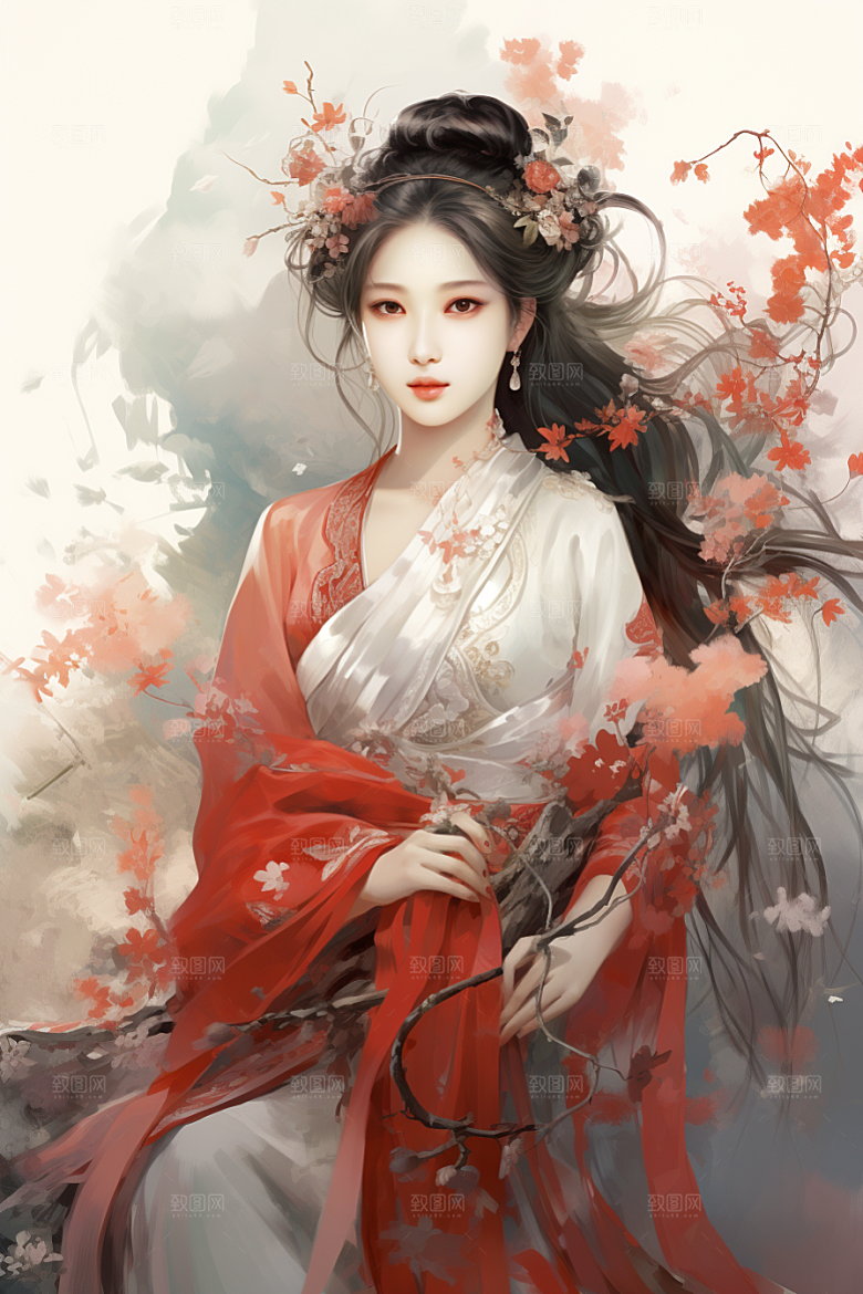 新中式美女艺术手绘插画