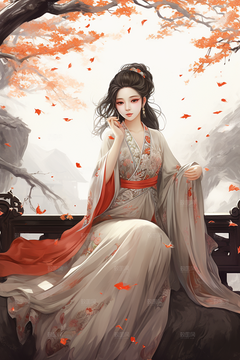 新中式美女文艺水墨插画