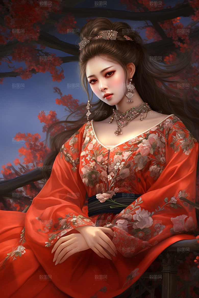 新中式美女高清水墨插画