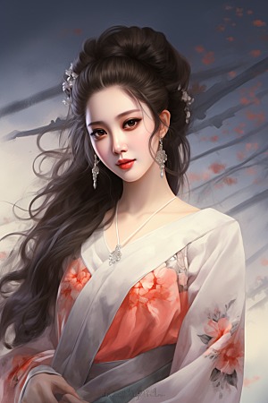 新中式美女水墨温婉插画