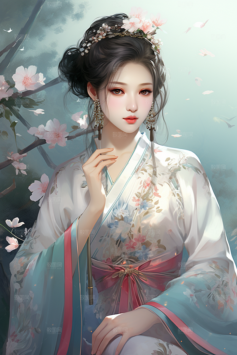 新中式美女水墨温婉插画